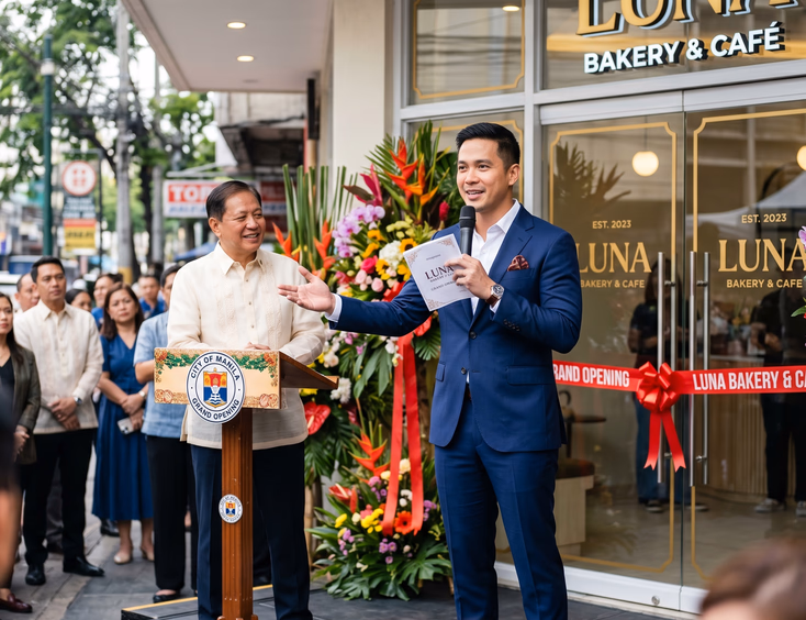 Filipino host introducing a city official at a store grand opening ceremony with a ribbon cutting and floral decor in bright daylight.