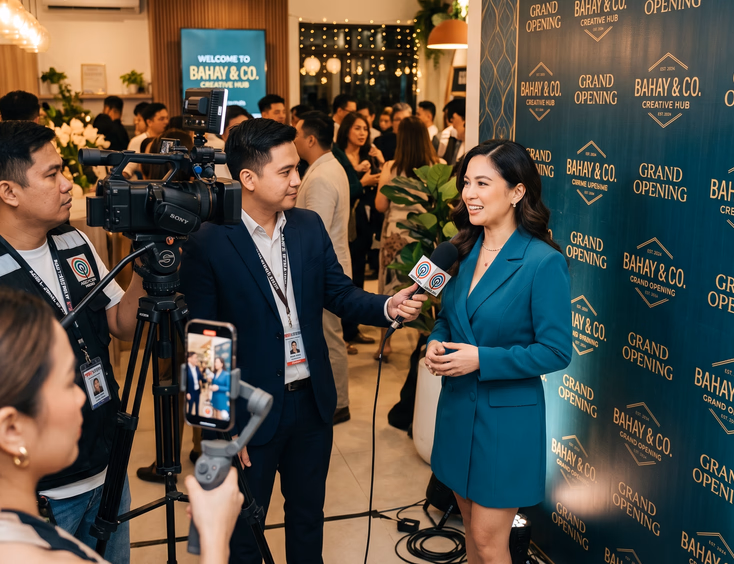 Filipina business owner interviewed by a broadcast journalist and filmed by a blogger at a grand opening event with a branded backdrop.