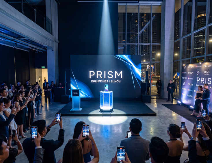 Wide shot of a modern Filipino product launch in a BGC gallery with guests in cocktail attire capturing the reveal of the product on a backlit pedestal.
