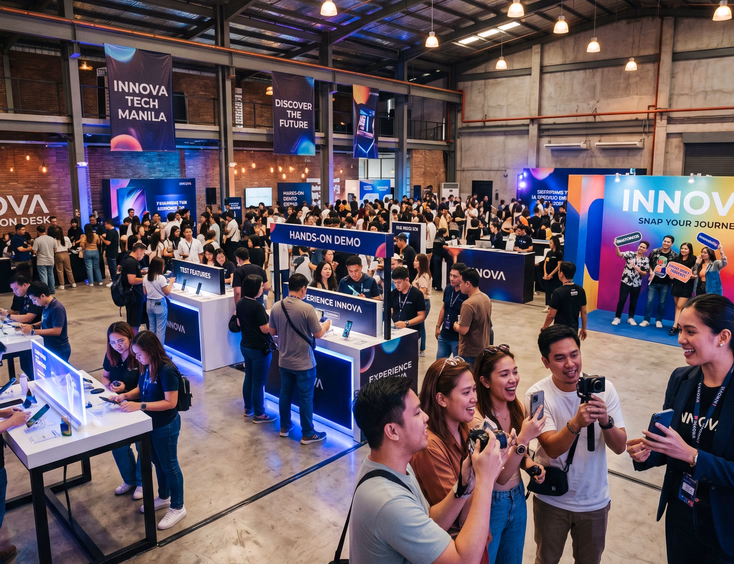 Immersive product launch experience in a Manila warehouse with guests interacting at demo stations and a brand ambassador demonstrating to influencers.