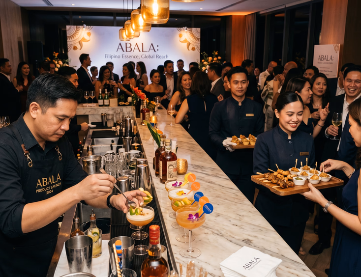 Cocktail reception at a Filipino product launch with a bartender preparing drinks at a long bar and servers passing canapes under warm lights.