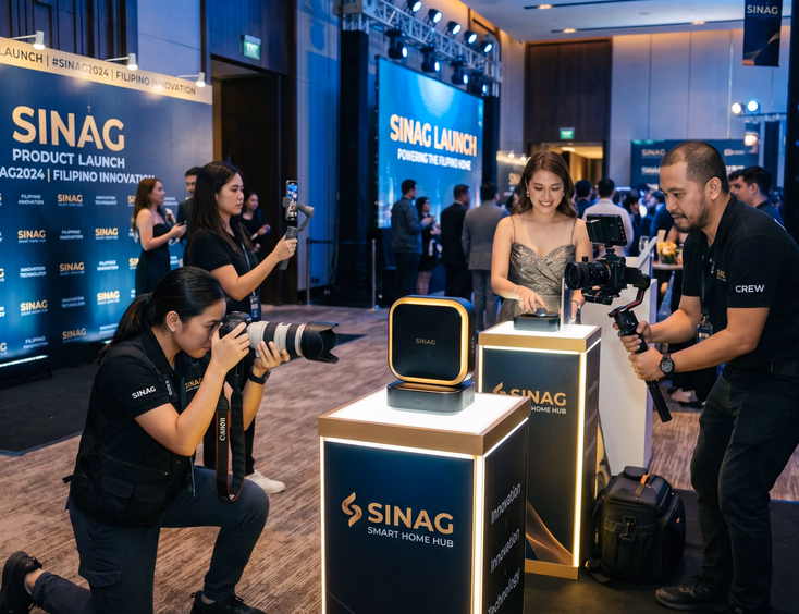 Content capture team in action at a Filipino product launch, featuring a photographer, videographer, and a content creator filming the event.