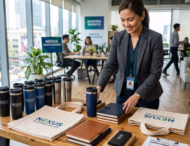 Filipino corporate events coordinator arranging branded corporate giveaways, insulated tumblers, and tote bags in a modern office.