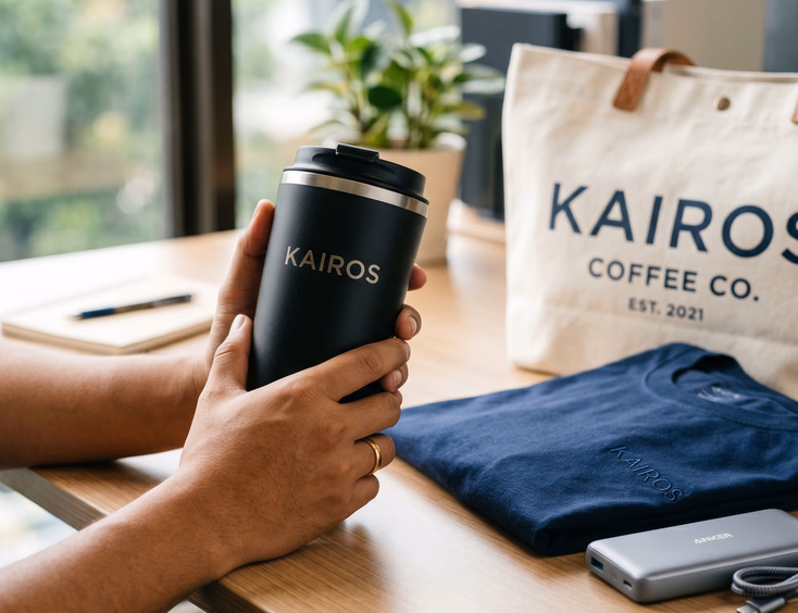 Close-up of Filipino hands holding a branded insulated tumbler on an office desk next to a premium company canvas tote bag giveaway.