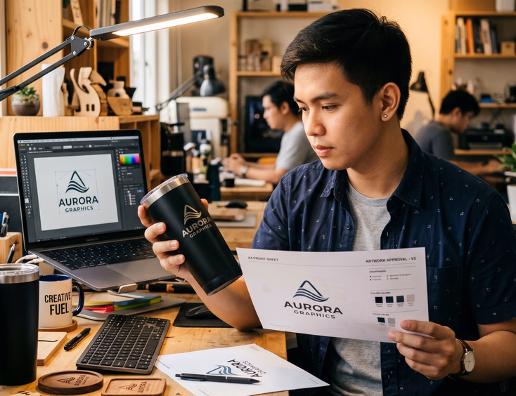 Filipino graphic designer inspecting a laser-engraved company logo on a metal tumbler corporate giveaway sample item under a lamp.