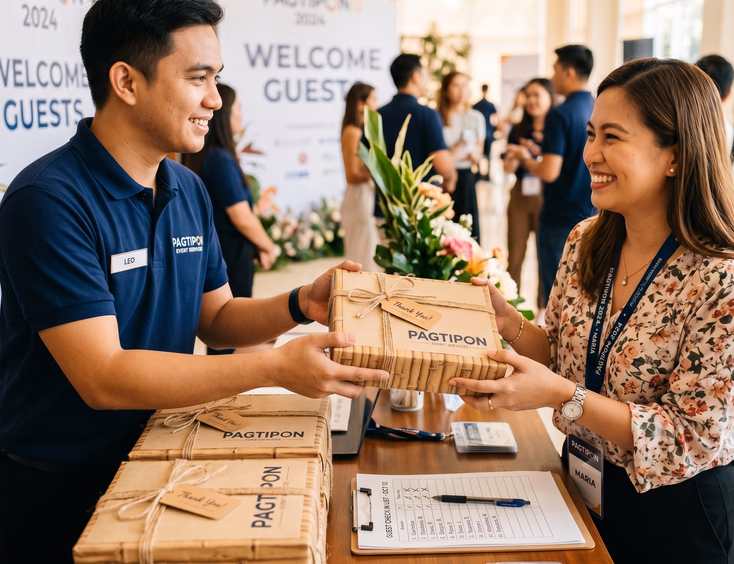 Filipino corporate event staff hands a neatly packaged branded gift box giveaway to a smiling guest at a reception table setup.