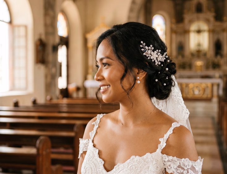 Filipino bride in white lace wedding gown wearing crystal hair comb and scattered pearl pins in textured low bun, close-up portrait inside sunlit Filipino church with wooden pews, editorial wedding photography