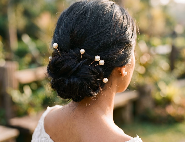 Close-up of Filipino bride's loose black hair chignon with scattered pearl-tipped pins, golden hour light, shallow depth of field, Tagaytay outdoor garden wedding venue background, editorial wedding photography