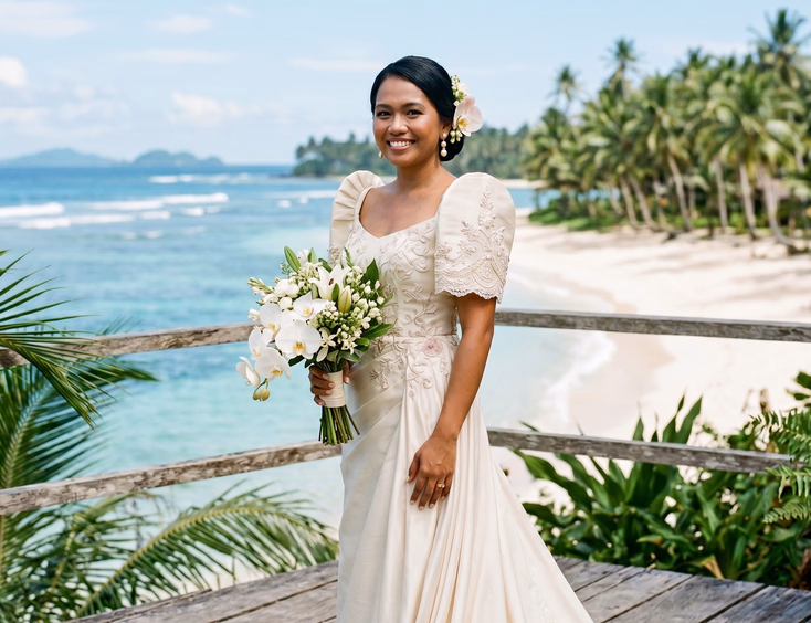 Filipino bride in Filipiniana butterfly sleeve gown with sampaguita buds and pale orchid in low bun hair, standing on wooden deck overlooking tropical beach with turquoise water and coconut palms, editorial wedding photography
