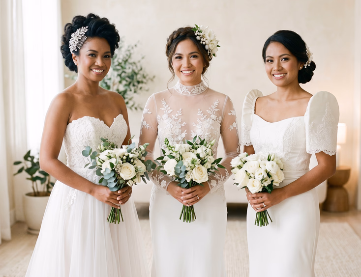 Three Filipino brides in bright studio wearing different gowns styled with crystal updo comb, floral pin cluster crown, and low-profile pearl nape comb respectively, soft diffused studio lighting, editorial wedding photography