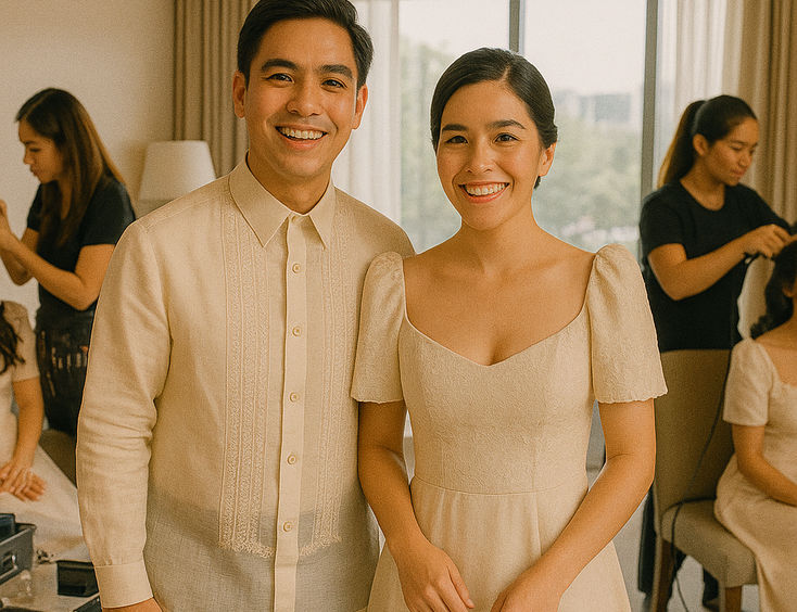 Young Filipino couple in a bright hotel suite as glam artists work around the entourage with a printed timeline on the wall