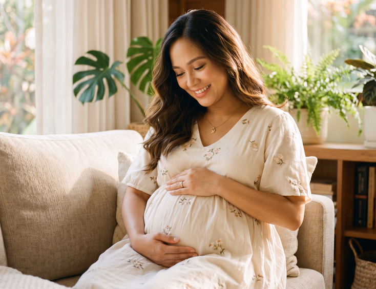 A radiant pregnant Filipino woman with soft glowing makeup and loose waves cradling her baby bump in warm, natural morning light.