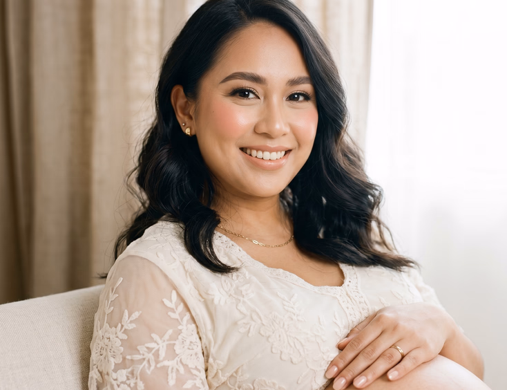 A close portrait of a pregnant Filipino woman featuring polished camera-ready makeup, defined brows, and glowing skin in soft studio light.