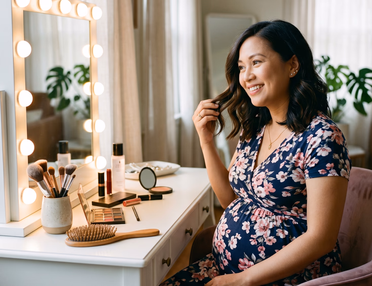 A pregnant Filipino woman adjusts her soft styled waves at a vanity table with makeup tools and a hairbrush under bright lighting.