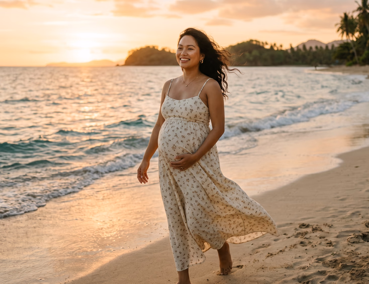 A pregnant Filipino woman with windswept natural hair and dewy makeup enjoys the breezy golden hour atmosphere on a scenic Philippine beach.