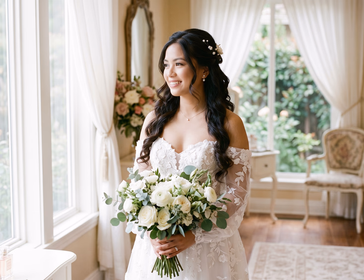 Filipino bride with pearl-pinned half-up half-down hairstyle and soft cascading waves wearing white off-shoulder wedding dress in a bright airy bridal suite with natural window light