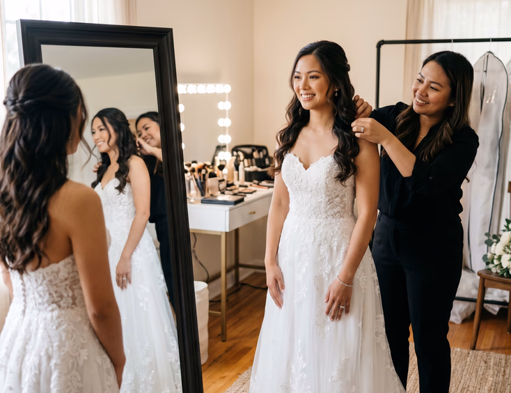 Filipino bride in white sweetheart neckline gown with half-up half-down loose curls standing in front of a full-length mirror while her HMUA adjusts the waves near her neckline