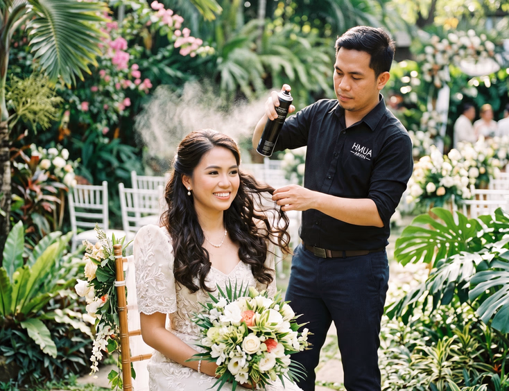 Filipino bride outdoors at a tropical garden wedding venue with half-up half-down soft curls while her HMUA applies hairspray to her loose waves in bright midday sunlight