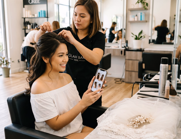 Filipino bride-to-be during a bridal hair trial in a modern salon chair holding reference photos on her phone while her HMUA pins a half-up half-down crown with a cathedral veil and pearl comb nearby