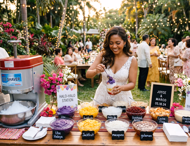 Filipino bride in white gown scooping ube halaya into a layered halo-halo cup at a colorful outdoor dessert station with glass bowls of toppings and a commercial ice shaver at a Filipino wedding reception during golden hour