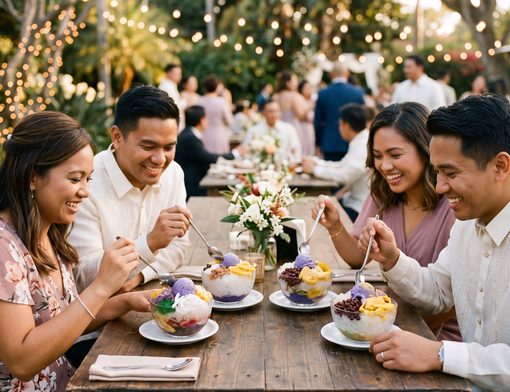Overhead view of four colorful layered halo-halo bowls on a rustic wooden table with four smiling Filipino guests in semi-formal attire holding long spoons at a Filipino wedding reception with blurred garden and string lights in the background