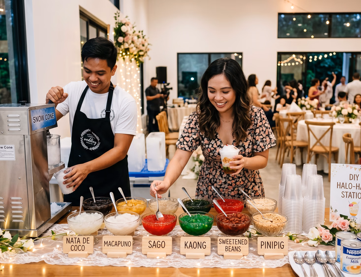 Filipino male attendant in black apron operating a commercial ice shaver beside labeled glass topping bowls of nata de coco, macapuno, sago, kaong, and pinipig while a Filipino female guest reaches for toppings at an organized indoor halo-halo station at a Filipino wedding reception