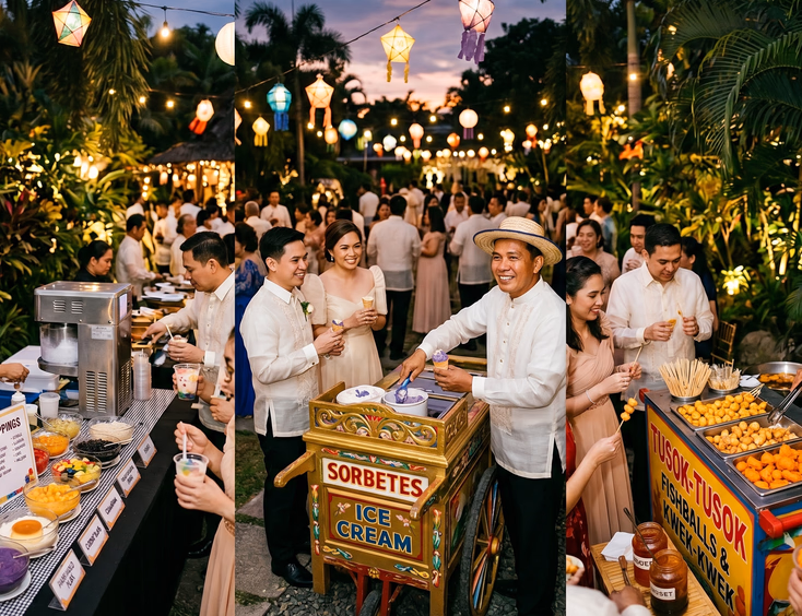 Filipino wedding reception outdoor dessert and snack corner at dusk with a halo-halo station, traditional sorbetes cart with a Filipino sorbetero scooping ice cream, and a tusok-tusok cart with fishballs and kwek-kwek as formally dressed guests hold cups and skewers under string lights and paper lanterns
