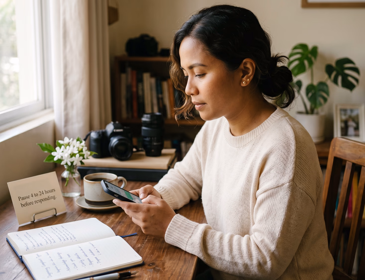 Filipino wedding photographer in her Quezon City home studio reviewing a client message before responding.