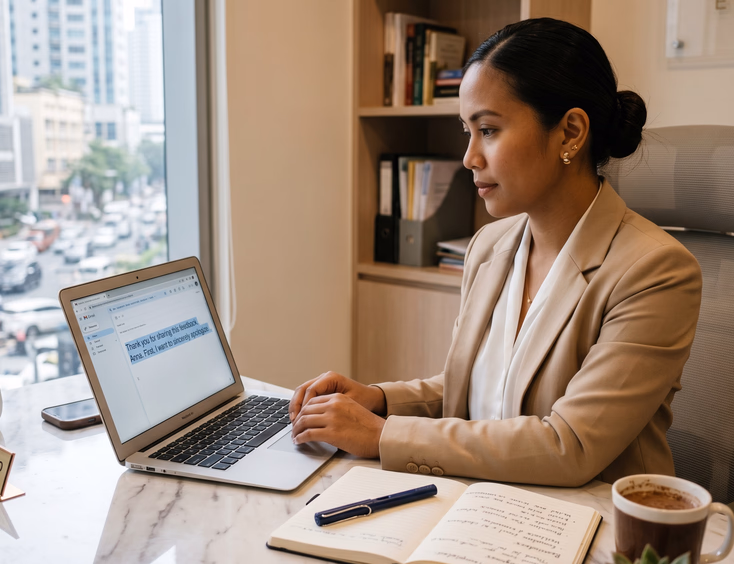 Filipino wedding coordinator in her Makati office drafting a professional, empathetic response to a client complaint.