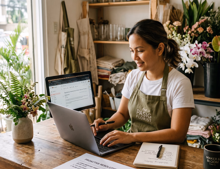 Filipino wedding florist in her Pasig studio writing a proactive resolution and remedy proposal for a client.