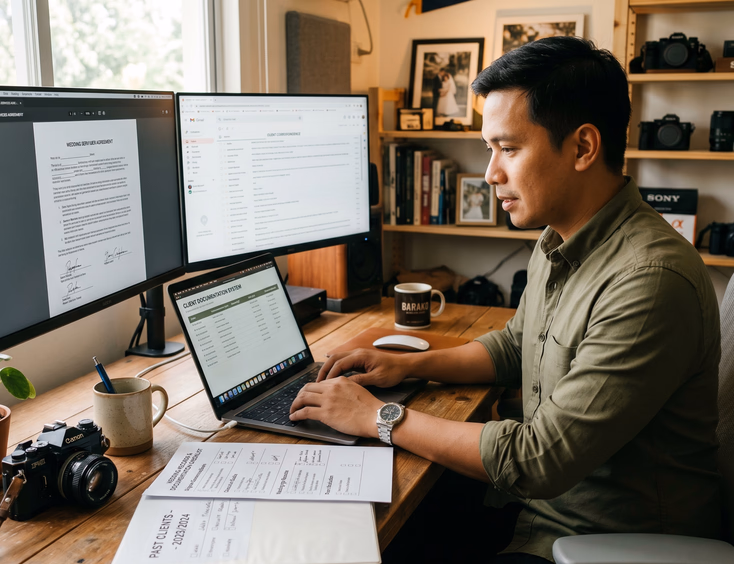 Filipino wedding videographer in his Marikina studio organizing client communications and wedding records on his laptop.