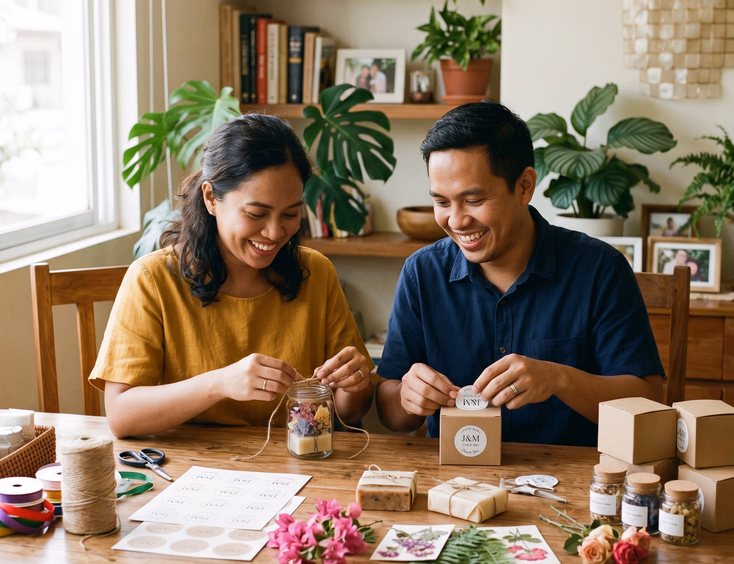 Filipino couple sitting at a wooden dining table assembling DIY wedding giveaways surrounded by kraft paper, twine, glass jars, soap bars, printed labels, and pressed flowers with the woman tying a ribbon and the man attaching a sticker to a kraft box