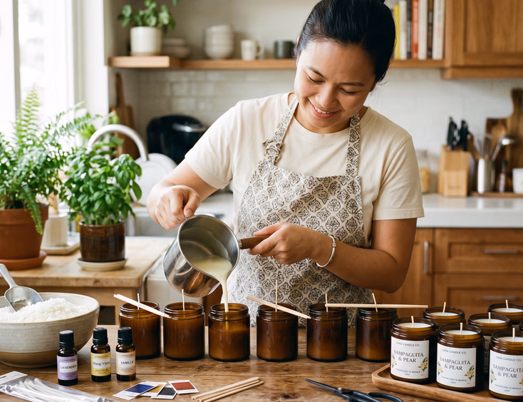 Filipino woman pouring melted soy wax from a metal pitcher into small glass jars at a DIY candle-making station on a wooden kitchen counter with finished labeled candles, fragrance oil bottles, dye chips, and wax flakes spread across the surface
