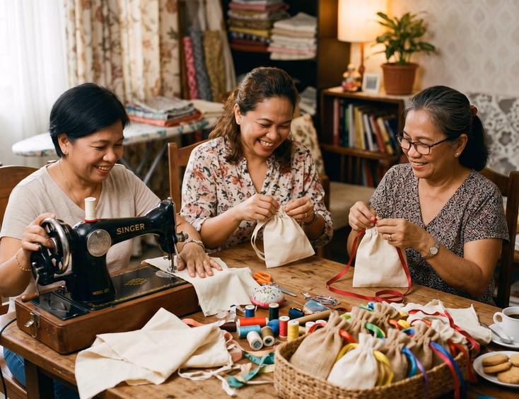 Three Filipino women collaborating on a DIY wedding pouch sewing session at a table with one using a sewing machine, another turning out a drawstring pouch, and a third threading ribbon while completed katsa and sinamay pouches fill a basket at the center