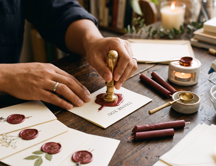 Close-up of a Filipino man's hands pressing a brass wax seal stamp into burgundy sealing wax on a cream thank-you card at a dark wooden desk with finished sealed cards fanned out beside dried pressed flowers, sealing wax sticks, and a glue gun