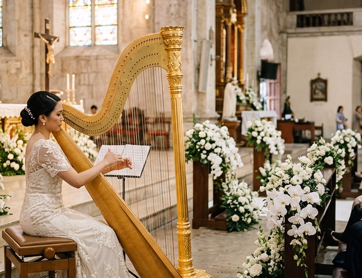 Filipino female harpist in an ivory gown playing a gold concert pedal harp inside a Philippine Catholic church with stained glass light and floral aisle arrangements