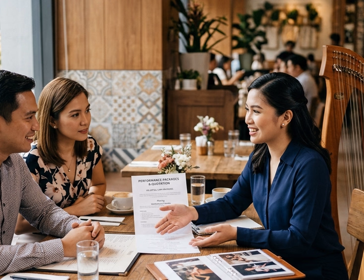 Filipino couple meeting a female harpist at a Manila restaurant to review a printed quotation sheet and performance portfolio with a lever harp beside her