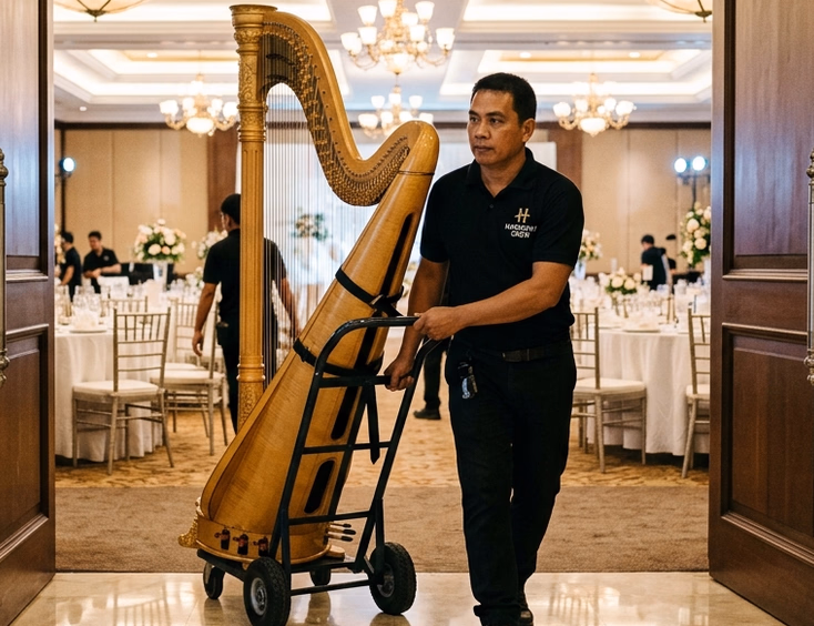 Filipino crew member wheeling a concert pedal harp on a dolly into a hotel ballroom while a second crew member holds the door open