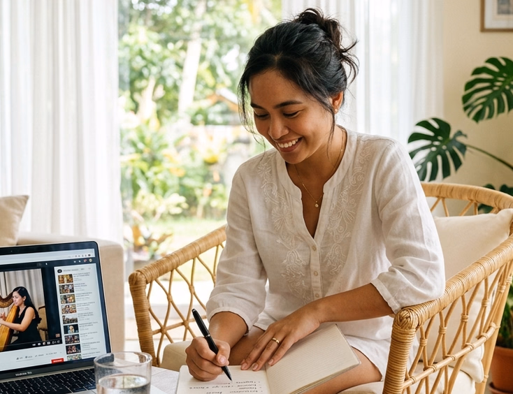 Filipino bride-to-be sitting in a rattan chair reviewing a handwritten checklist with a harpist performance video open on a laptop