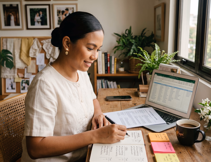 Filipino wedding coordinator organizing geographic hashtag sets on her laptop in a Quezon City home studio.