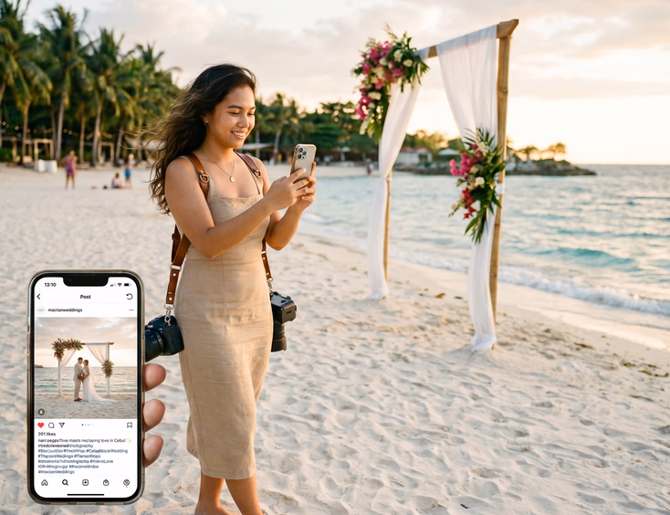 Filipino wedding photographer showing a Cebu-focused Instagram hashtag set on her phone at a Mactan Island beach.