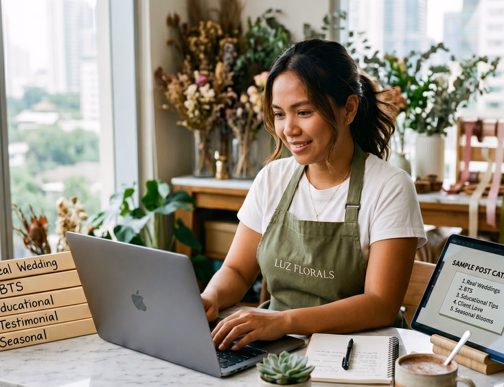 Filipino wedding florist creating categorized hashtag folders on her laptop in a Makati studio.