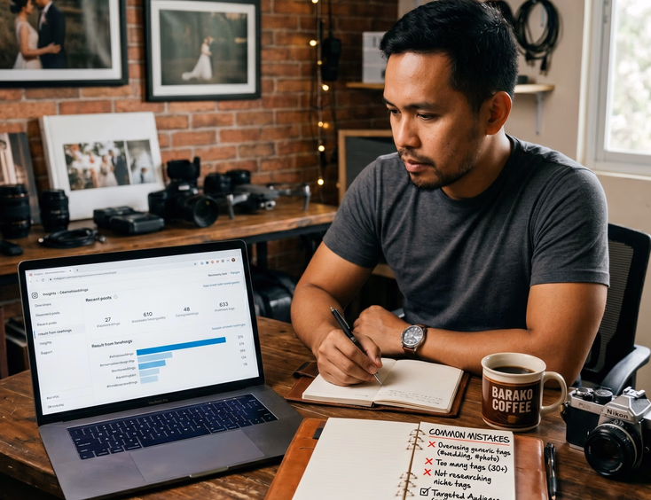 Filipino wedding videographer analyzing Instagram hashtag performance on a laptop in his Davao City studio.