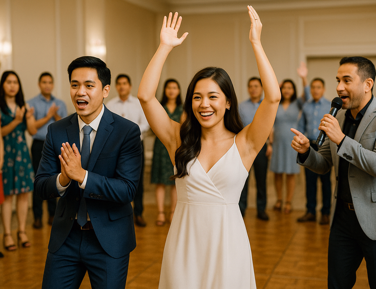 Couple and host demonstrate Hep Hep Hooray basic rules with players in two lines