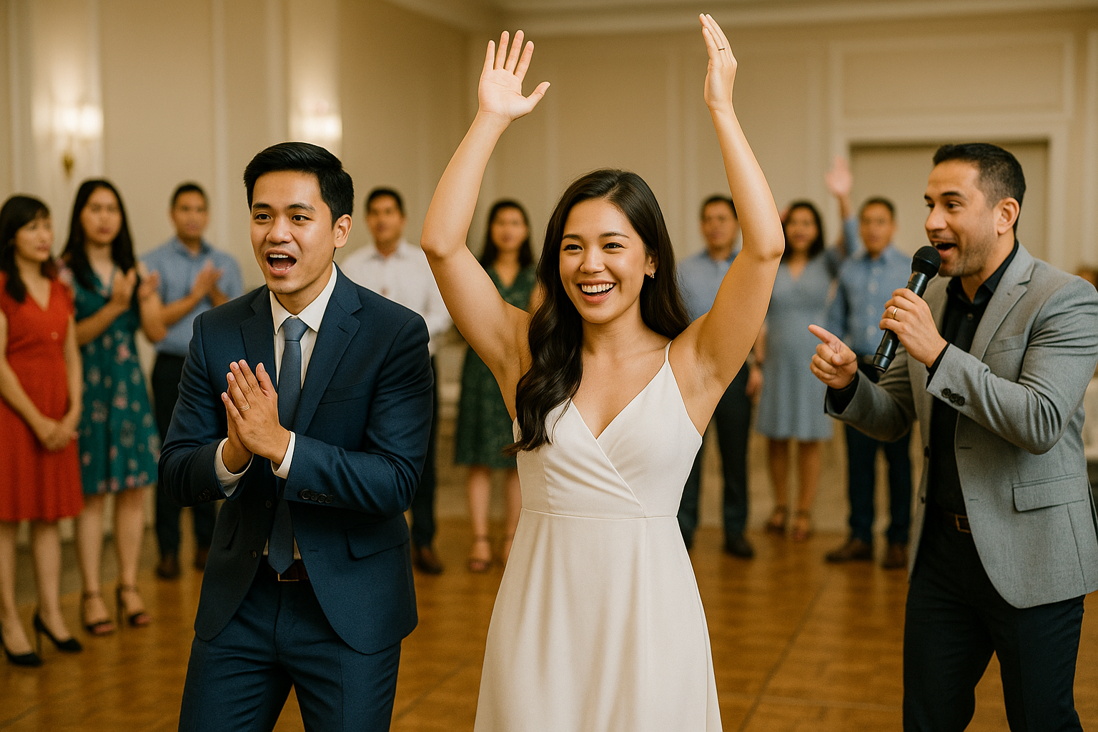 Couple and host demonstrate Hep Hep Hooray basic rules with players in two lines