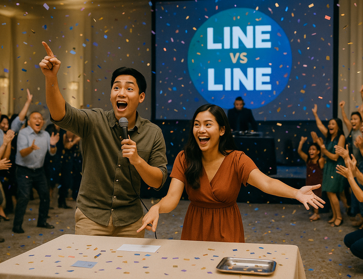 Young Filipino couple guides different game variations as the crowd reacts
