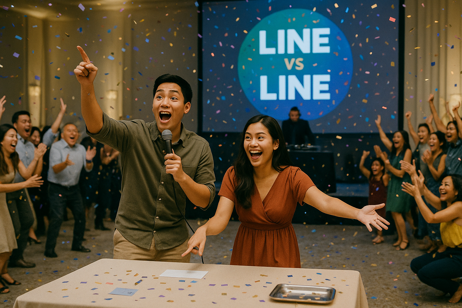 Young Filipino couple guides different game variations as the crowd reacts