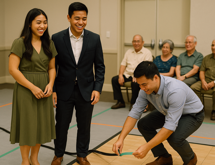 Couple hosts with taped cables clear space and seated elders for a safe game setup