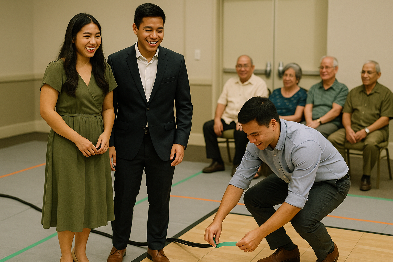 Couple hosts with taped cables clear space and seated elders for a safe game setup