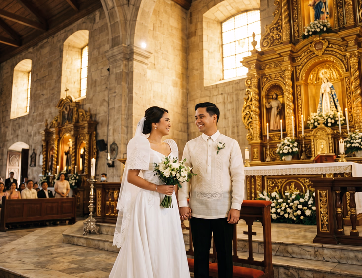 Filipino bride and groom in Filipiniana wedding gown and barong Tagalog at the altar of a Spanish colonial church in the Philippines